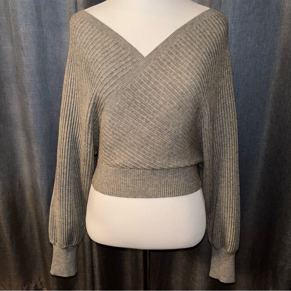 Ribbed Gray Surplice V Neck Wrap Long Sleeve Sweater